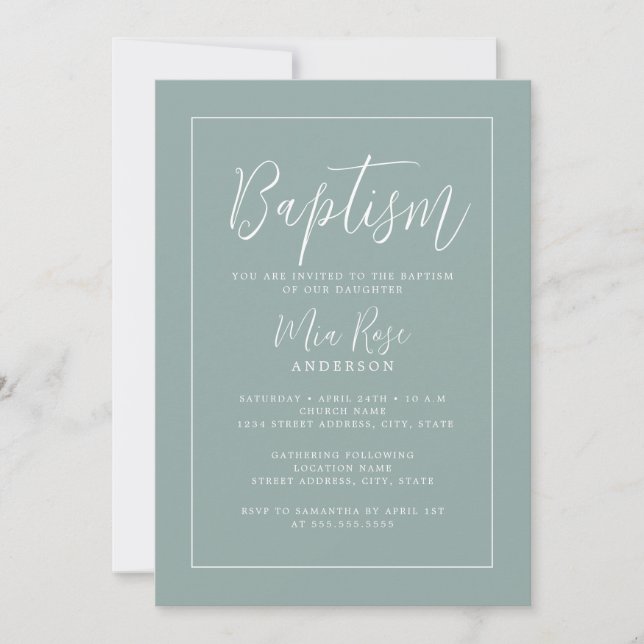 Modern Sage Green Baptism  Invitation (Front)