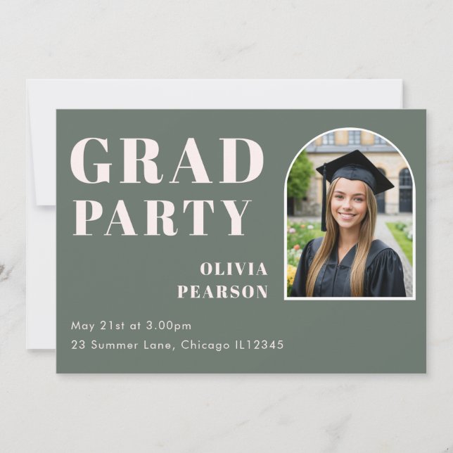 Modern Sage Green Blush Pink Arch Photo Grad Party Invitation (Front)