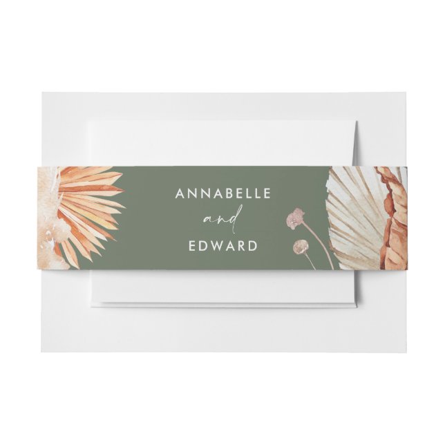 modern sage green bohemian pampas grass botanical invitation belly band (Front Example)