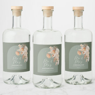 modern sage green bohemian pampas grass Mr & Mrs Liquor Bottle Label