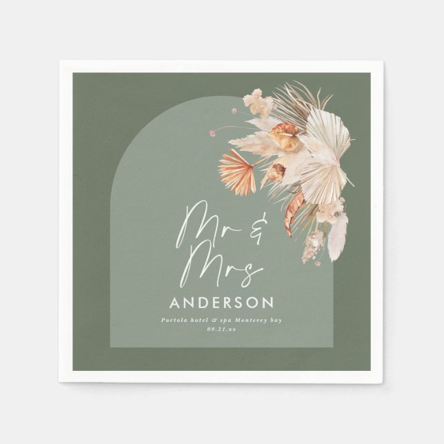 modern sage green bohemian pampas grass Mr & Mrs Napkin (Front)