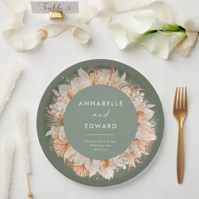 modern sage green bohemian pampas grass Mr & Mrs  Paper Plate (Wedding)