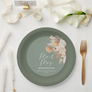 modern sage green bohemian pampas grass Mr & Mrs Paper Plate