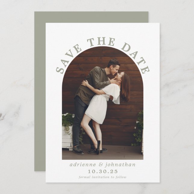 Modern Sage Green Boho Arch Photo Wedding Save The Date (Front/Back)