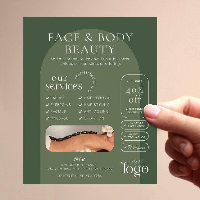 Modern Sage Green Boho Beauty Spa Salon Marketing Flyer (Trendy boho arch business marketing flyer in earthy sage green tones)