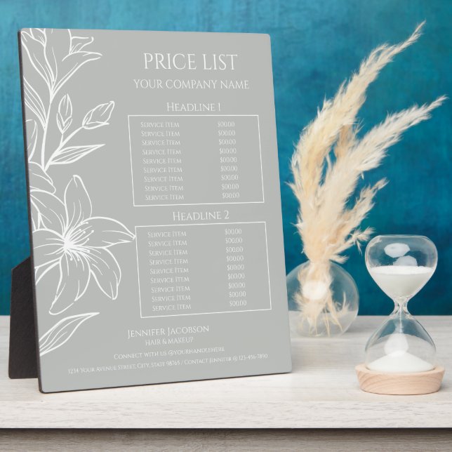 Modern Sage Green Boho Floral Price List Plaque (Side)