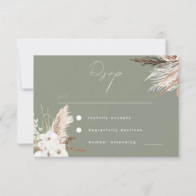 Modern Sage Green Boho White Floral Wedding RSVP Card (Front)