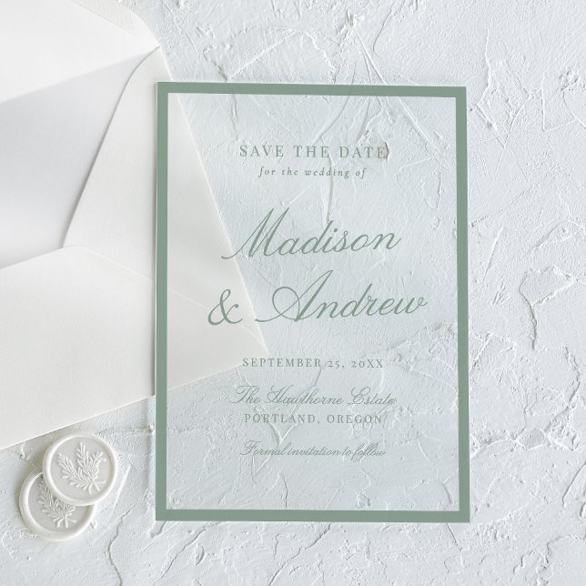 Modern Sage Green Border Wedding Save the Date Acrylic Invitations (Creator Uploaded)
