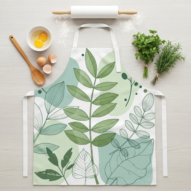 Modern Sage Green Botanical Leaf Pattern Apron (Creator Uploaded)