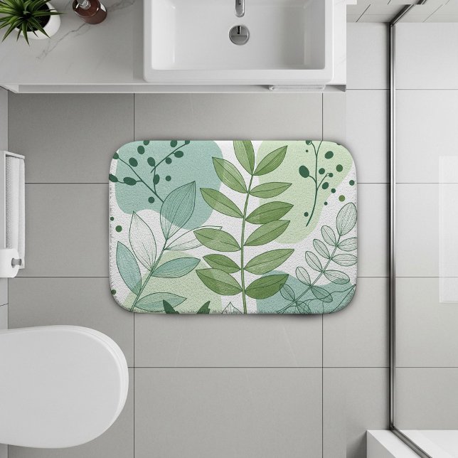 Modern Sage Green Botanical Leaf Pattern Bath Mat (Creator Uploaded)