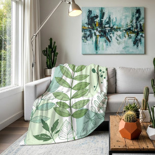 Modern Sage Green Botanical Leaf Pattern Fleece Blanket