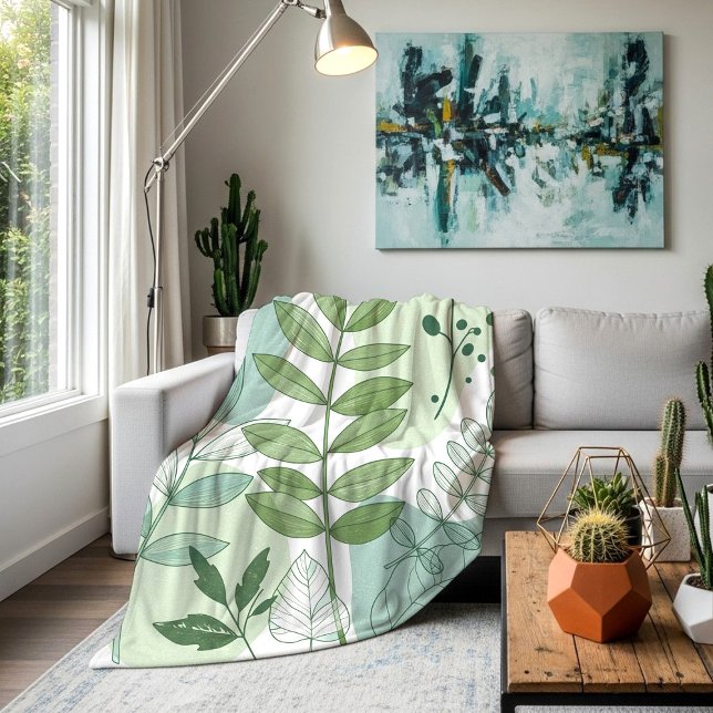 Modern Sage Green Botanical Leaf Pattern Fleece Blanket (Creator Uploaded)