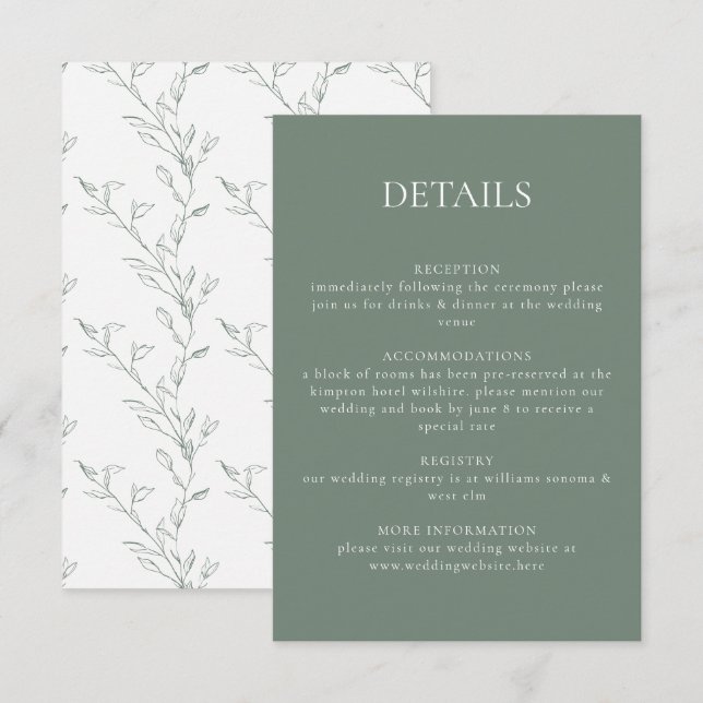 Modern Sage Green Botanical Leaves Wedding Details Enclosure Card (Front/Back)