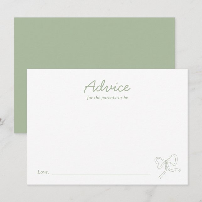 Modern Sage Green Bow Baby Shower Advice Card (Front/Back)