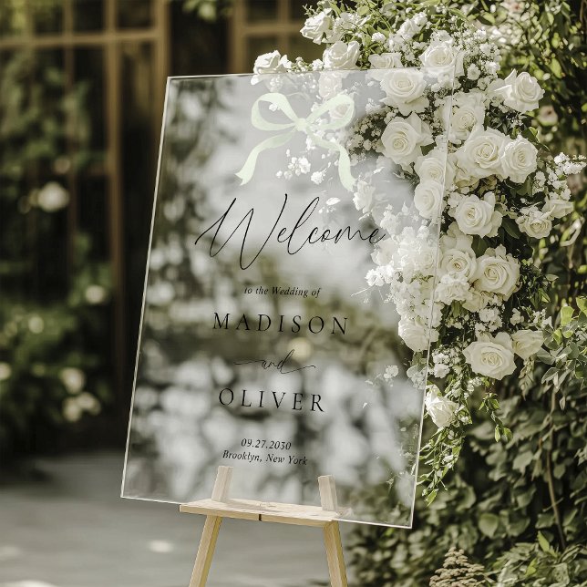 Modern Sage Green Bow Monogram Wedding Welcome Acrylic Sign (Creator Uploaded)