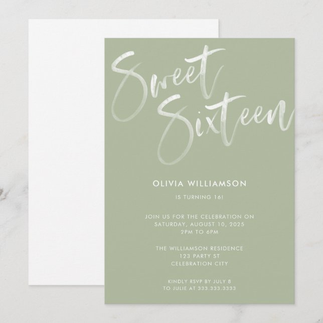 Modern Sage Green Brush Script Sweet 16 Birthday  Invitation (Front/Back)