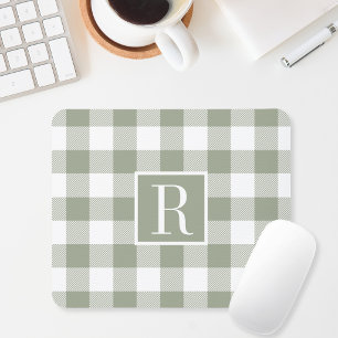 Modern Sage Green Buffalo Check Monogram Initial Mouse Pad