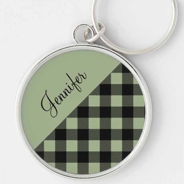 Modern Sage Green Buffalo Check Name Keychain (Front)