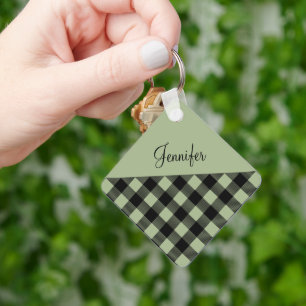 Modern Sage Green Buffalo Plaid Name Keychain