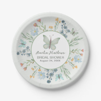 Modern Sage Green Butterfly & Floral Bridal Shower Paper Plate