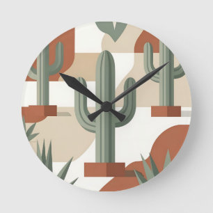 Modern Sage Green Cactus Terracotta Desert  Round Clock