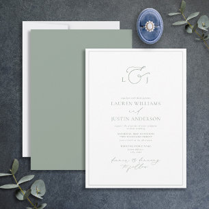 Modern Sage Green Calligraphy Monogram Wedding Invitation