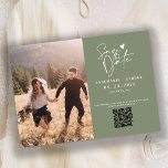 Modern Sage Green Calligraphy Photo QR Code Save The Date<br><div class="desc">Announce your special day with these minimalist QR Coded modern cards with a handwritten calligraphy script Save The Date against a rustic sage green background. Easily customize your personal information including photo and initials on the front and back to make it your own. Please note: Inserting your wedding website in...</div>