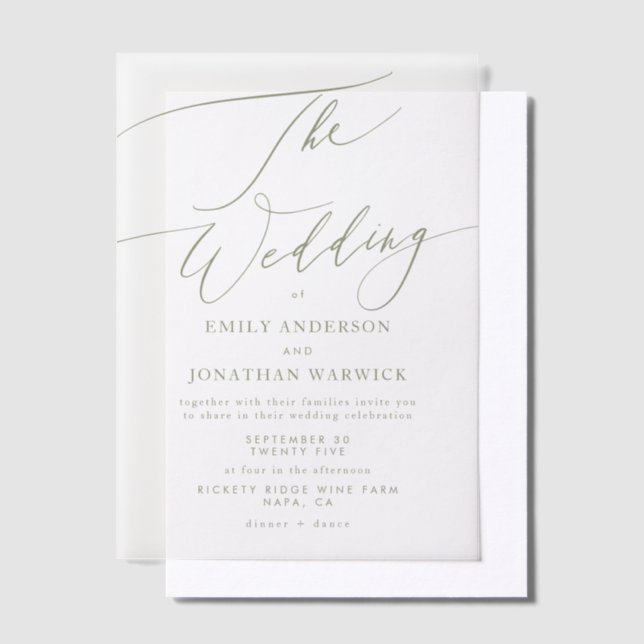 Modern Sage Green Calligraphy Simple Wedding Vellum Invitations (Offset)