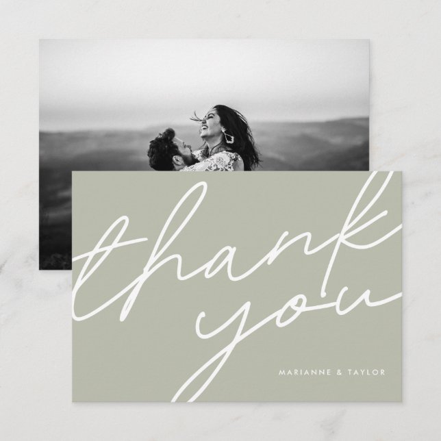 Modern Sage Green Calligraphy Wedding Photo Thank You Card (Front/Back)