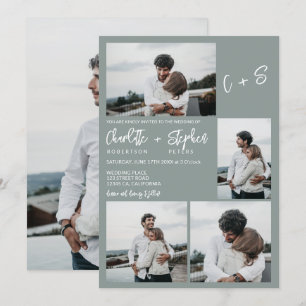 Modern sage green casual initials 5 photos wedding invitation