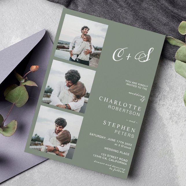 Modern sage green casual initials photo wedding invitation (Creator Uploaded)