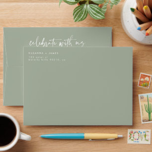 Modern Sage Green Celebrate with us Script Wedding Envelope