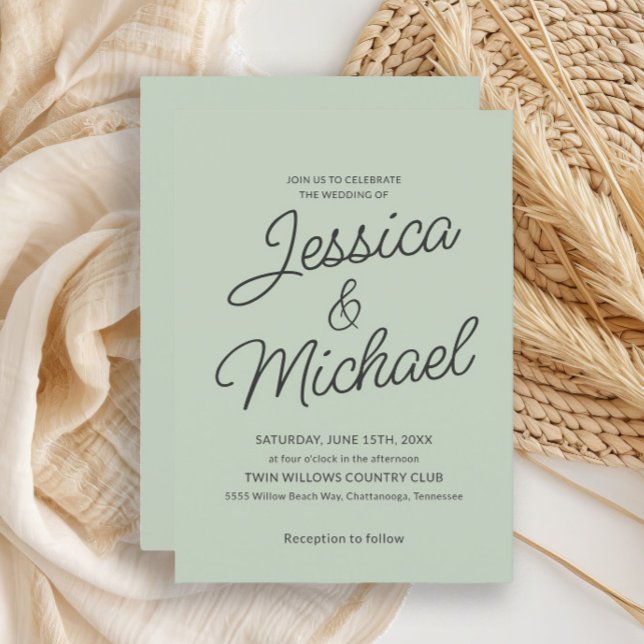 Modern Sage Green Charcoal Script Wedding  Invitation (Mint green wedding invitation)