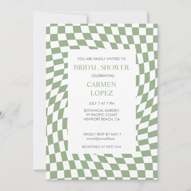 Modern Sage Green Checked Bridal Shower  Invitation (Front)