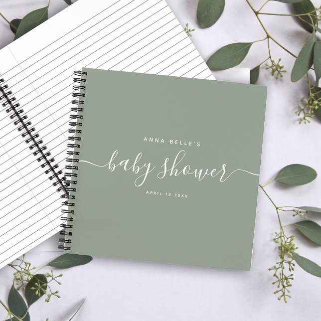 Modern Sage Green Chic Script Baby Shower Guest Notebook (Creator Uploaded)