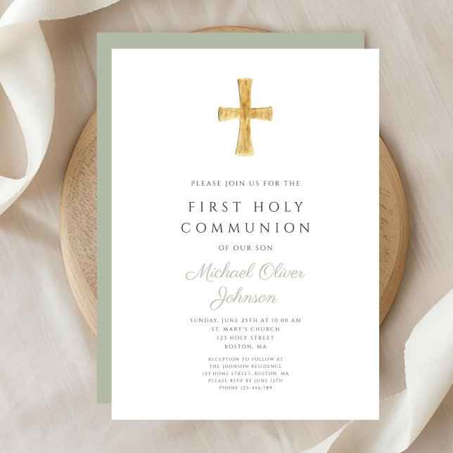 Modern Sage Green Cross First Communion Invitation (Modern Sage Green Cross First Communion Invitation )