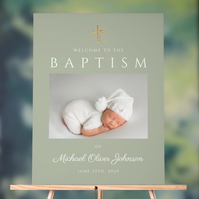 Modern Sage Green Cross Photo Boy Baptism Welcome Acrylic Sign (Neutral)