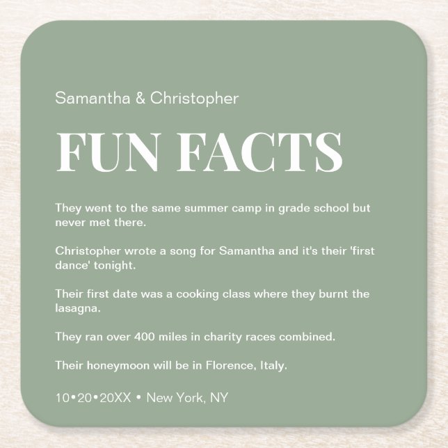 Modern Sage Green Custom fun fact list Wedding   Square Paper Coaster (Front)