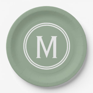 Modern Sage Green Custom Round Framed Monogram Paper Plate