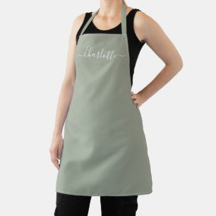 Modern sage green custom script name monogram chic apron