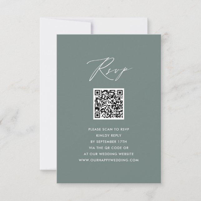 Modern Sage Green Elegant Script QR Wedding RSVP Card (Front)