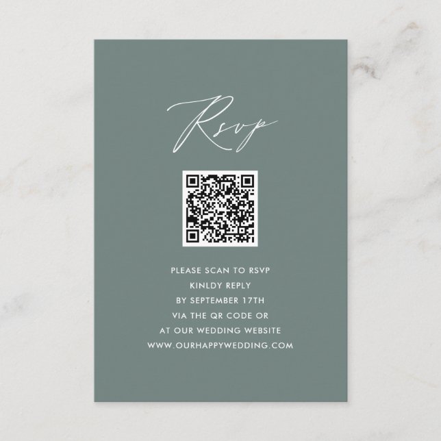 Modern Sage Green Elegant Script QR Wedding RSVP Enclosure Card (Front)