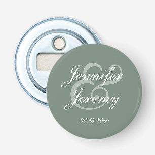 Modern Sage Green Elegant White Script Wedding Bottle Opener