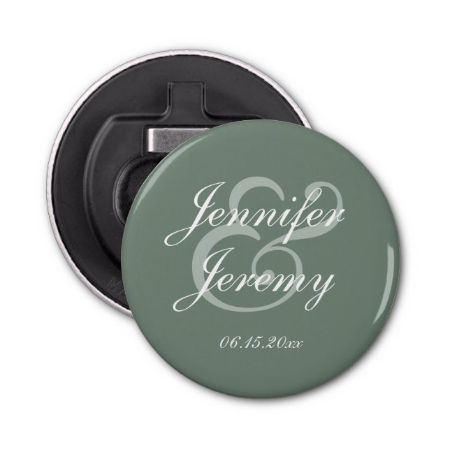 Modern Sage Green Elegant White Script Wedding Bottle Opener (Front)