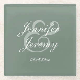 Modern Sage Green Elegant White Script Wedding Glass Coaster