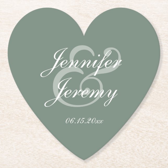 Modern Sage Green Elegant White Script Wedding Paper Coaster (Front)
