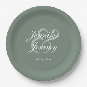 Modern Sage Green Elegant White Script Wedding Paper Plate