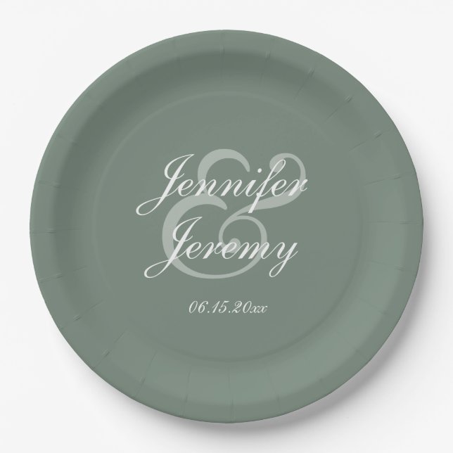 Modern Sage Green Elegant White Script Wedding Paper Plate (Front)