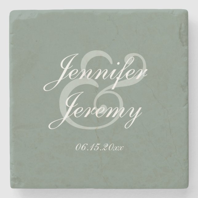 Modern Sage Green Elegant White Script Wedding Stone Coaster (Front)