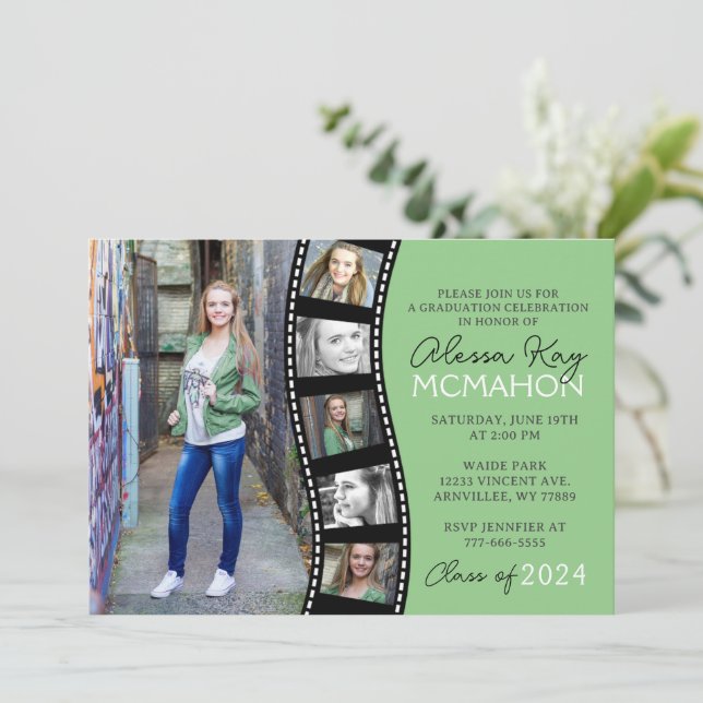 Modern Sage Green Filmstrip 6 Photo Graduation Invitation (Standing Front)